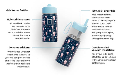 IRON °FLASK Kids Water Bottle - 14 Oz, Straw Lid, 20 Name Stickers, Vacuum Insulated Stainless Steel, Double Walled Tumbler Travel Cup, Thermo Mug - Valentines Day Gifts - Monsters Crew