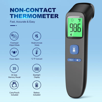Forehead Thermometer for Adults, No-Touch Baby Thermometer, Infrared Digital Thermometer for Kids, Accurate Reading with Large LCD Screen, Memory Recall, Fever Alarm and Mute Mode (Black)