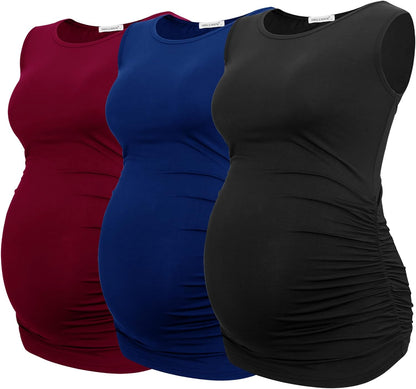 Smallshow Women's Maternity Tank Tops Sleeveless Ruched Pregnancy Clothes 3-Pack