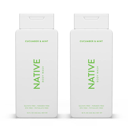 Native Natural Body Wash for Body, Women, Men | Sulfate Free, Paraben Free, Dye Free, with Naturally Derived Clean Ingredients Leaving Skin Soft and Hydrating, Cucumber & Mint 18 oz - 2 Pk