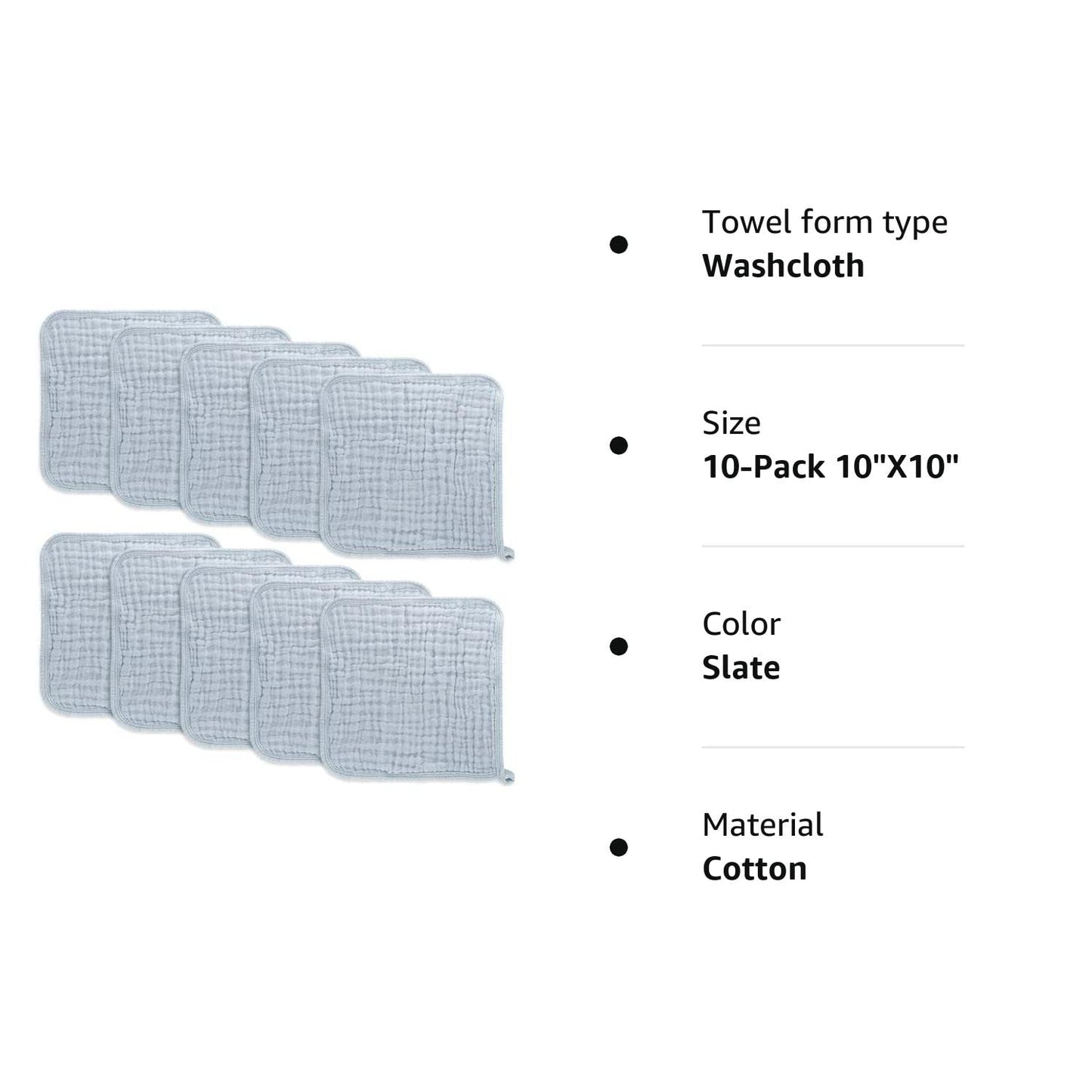 Baby Washcloths, Muslin Cotton Baby Towels, Large 10”x10” Wash Cloths Soft on Sensitive Skin, Absorbent for Boys & Girls, Newborn Baby & Toddlers Essentials Shower Registry Gift (Fern, Pack of 10)