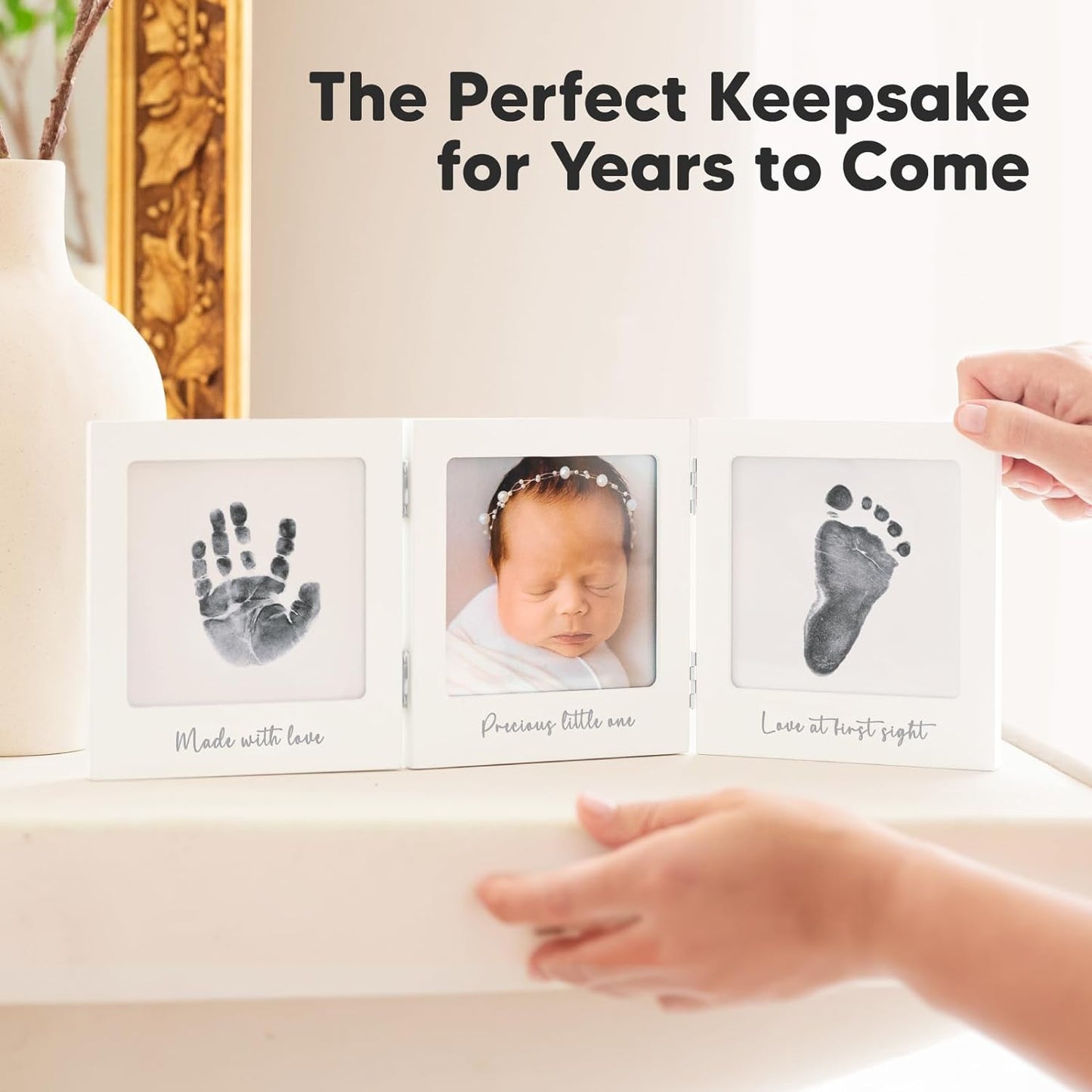Baby Handprint and Footprint Kit for Newborn Boys & Girls - Inkless Hand and Footprint Maker, Baby Picture Keepsake Frame, New Mom Baby Shower Gifts,Dog Paw Print Kit,Baby Registry (White/Gold)