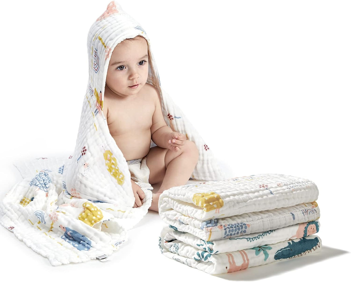 bc babycare 2 Pack Baby Towels, Natural Muslin Cotton Baby Bath Towel, Soft Absorbent Hooded Baby Towels, Unisex Infant Bath Towels for Baby to Toddler Boys Girls, Large Size 37.4 * 37.4 Inch