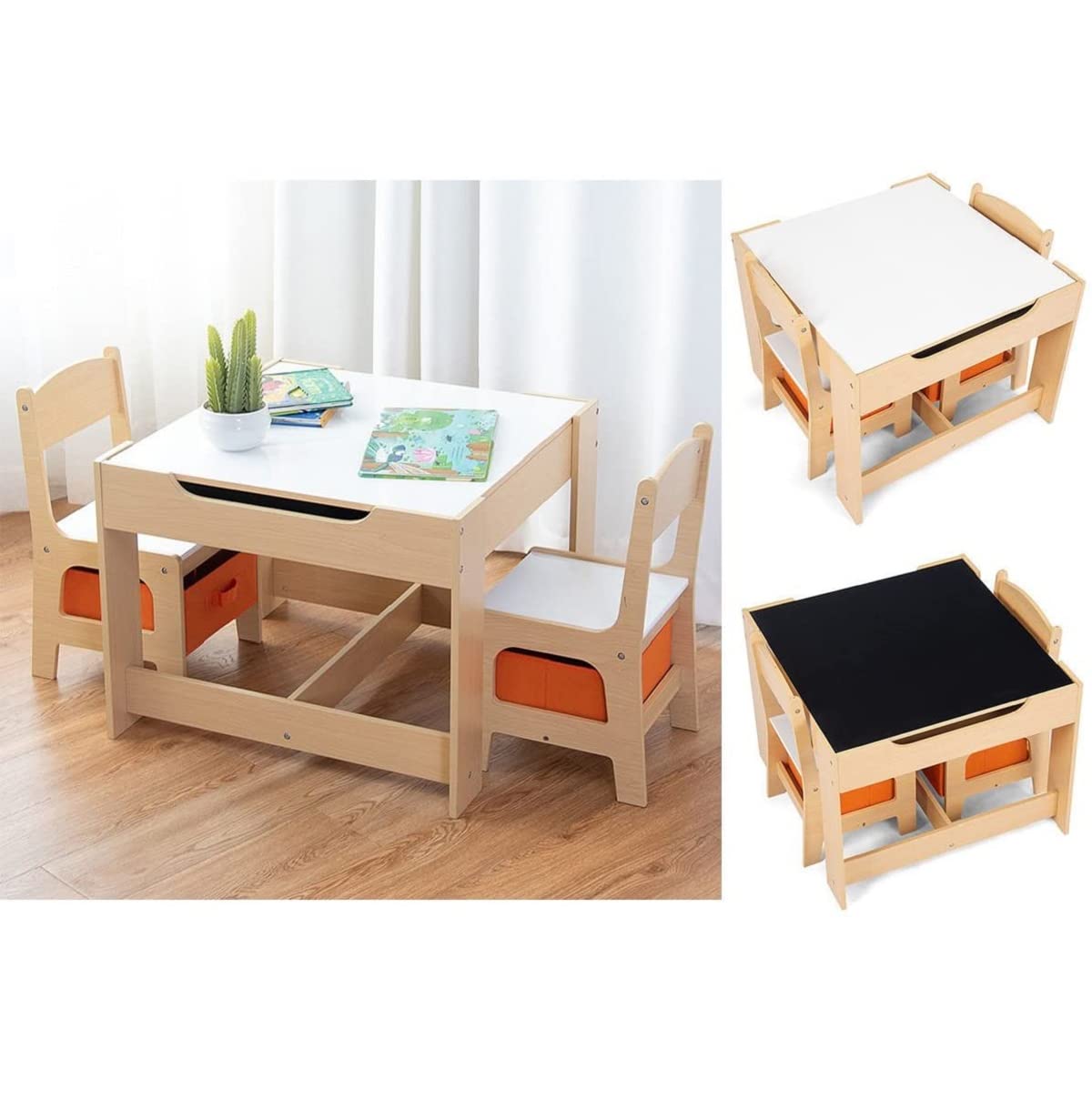Costzon Kids Table and Chair Set, 3 in 1 Wooden Activity Table for Toddlers Arts, Crafts, Drawing, Reading, Playroom, Toddler w/ 2 in 1 Tabletop, Storage Space, Gift for Boy & Girl