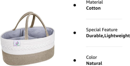KiddyCare Diaper Tote Caddy Baskets with Dividers for Baby Boy/Girl | Diaper Caddy with Shoulder Strap, Diaper Changing Caddy Cat for Car Organizer | Storage Basket for Baby Nursery | Natural Large