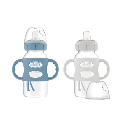 Dr. Brown's Milestones Wide-Neck Sippy Spout Bottle with 100% Silicone Handles, Easy-Grip Handles with Soft Sippy Spout, 9oz/270mL, Green & Gray, 2-Pack, 6m+