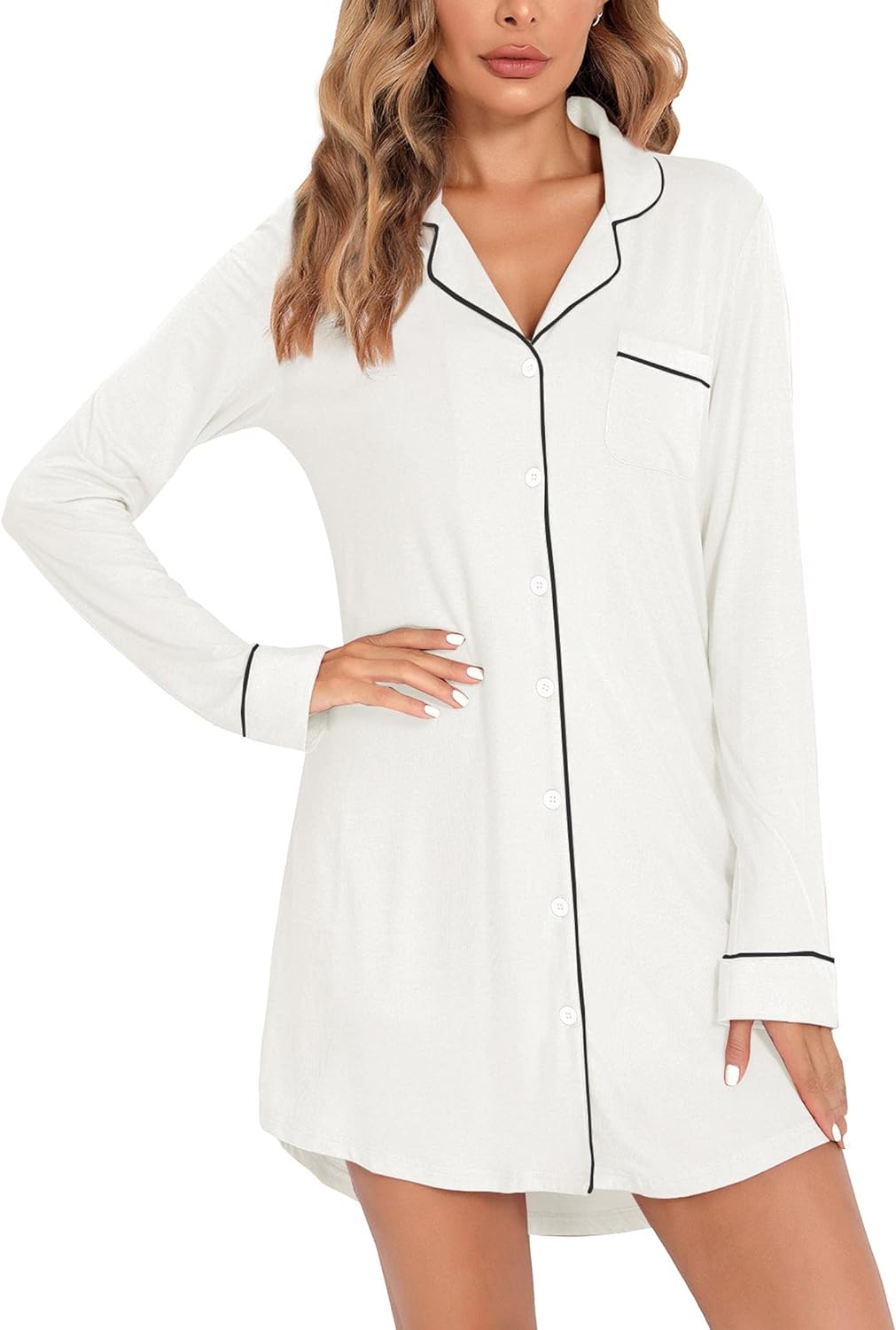 Leikar Nightgowns For Women Button Down Pajamas Dress Short Sleeve Sleepwear S-XXL