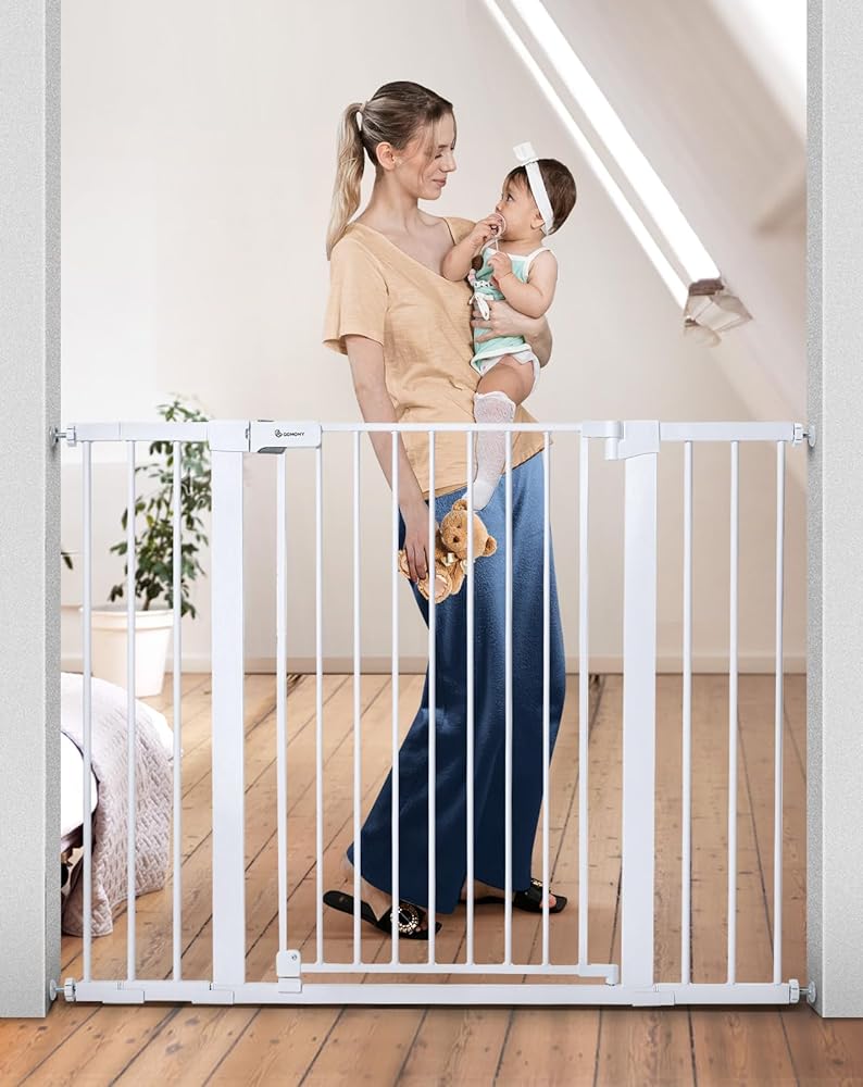 COMOMY 36" Extra Tall Baby Gate for Stairs Doorways, Fits Openings 29.5" to 48.8" Wide, Auto Close Extra Wide Dog Gate for House, Pressure Mounted Easy Walk Through Pet Gate with Door, Black