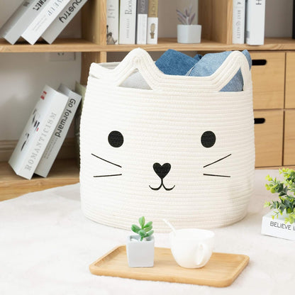 VK VK·LIVING Animal Baskets Large Woven Cotton Rope Storage Basket with Cute Cat Design Animal Laundry Basket Organizer for Towels, Blanket, Toys, Clothes, Gifts – Pet or Baby Gift Baskets 15"Lx14H"