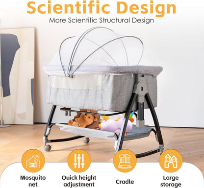 Bedside Crib, 3 in 1 Bassinet with Quick Height Adjustment and Mosquito Nets, Baby Cradle, Portable Beside Bassinet with Golden Triangle Structure, CPSC Certification