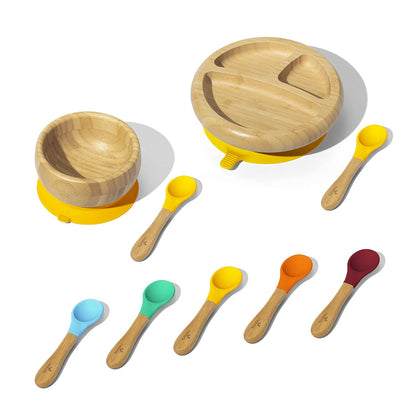 Avanchy Bamboo Divided Baby Plate, Bowl & Assorted Spoons Set - Suction Plates and Bowls for Toddlers - 9 Months and Older - 7" x 2" (Magenta)