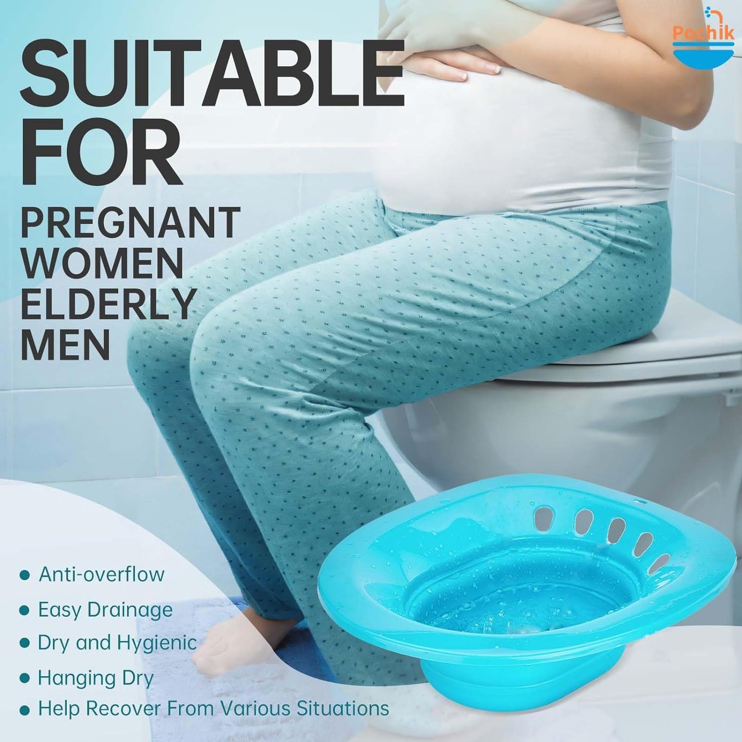 Pochik Sitz Bath, Sitz Bath for Hemorrhoids, Sitz Bath for Toilet Seat, Postpartum Care, Sits Bath Kit for Women, Collapsible, Flusher Hose, Drain Holes, Wider Seating Area, Deeper Bowl