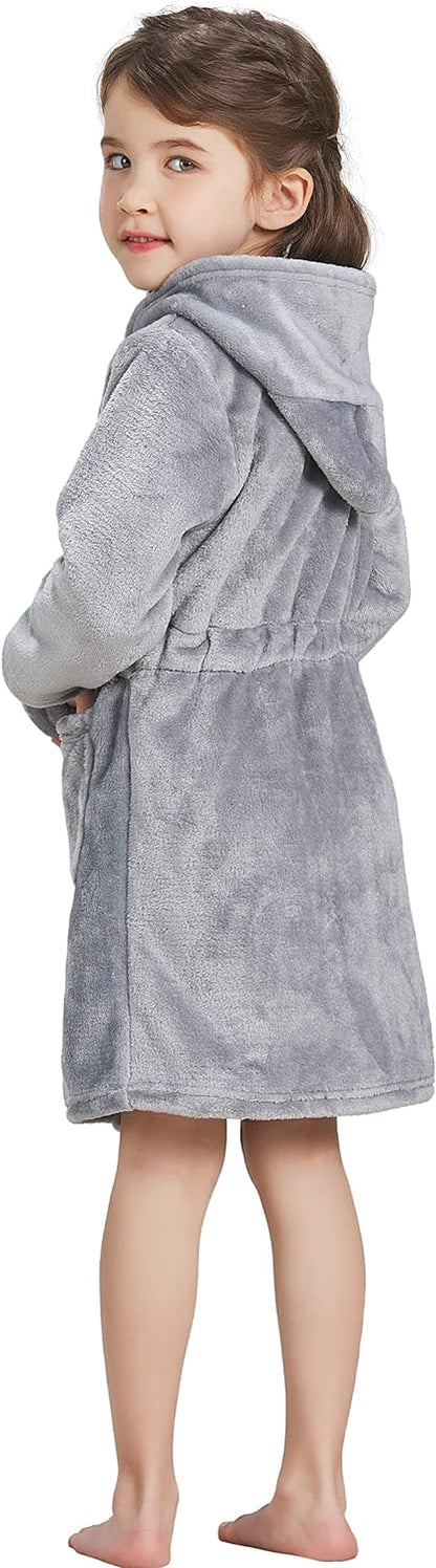 ECHERY Boys Girls Robe Hooded Bathrobe Toddler Robes Soft Coral Fleece Pajamas Unisex Dressing Gown for Kids