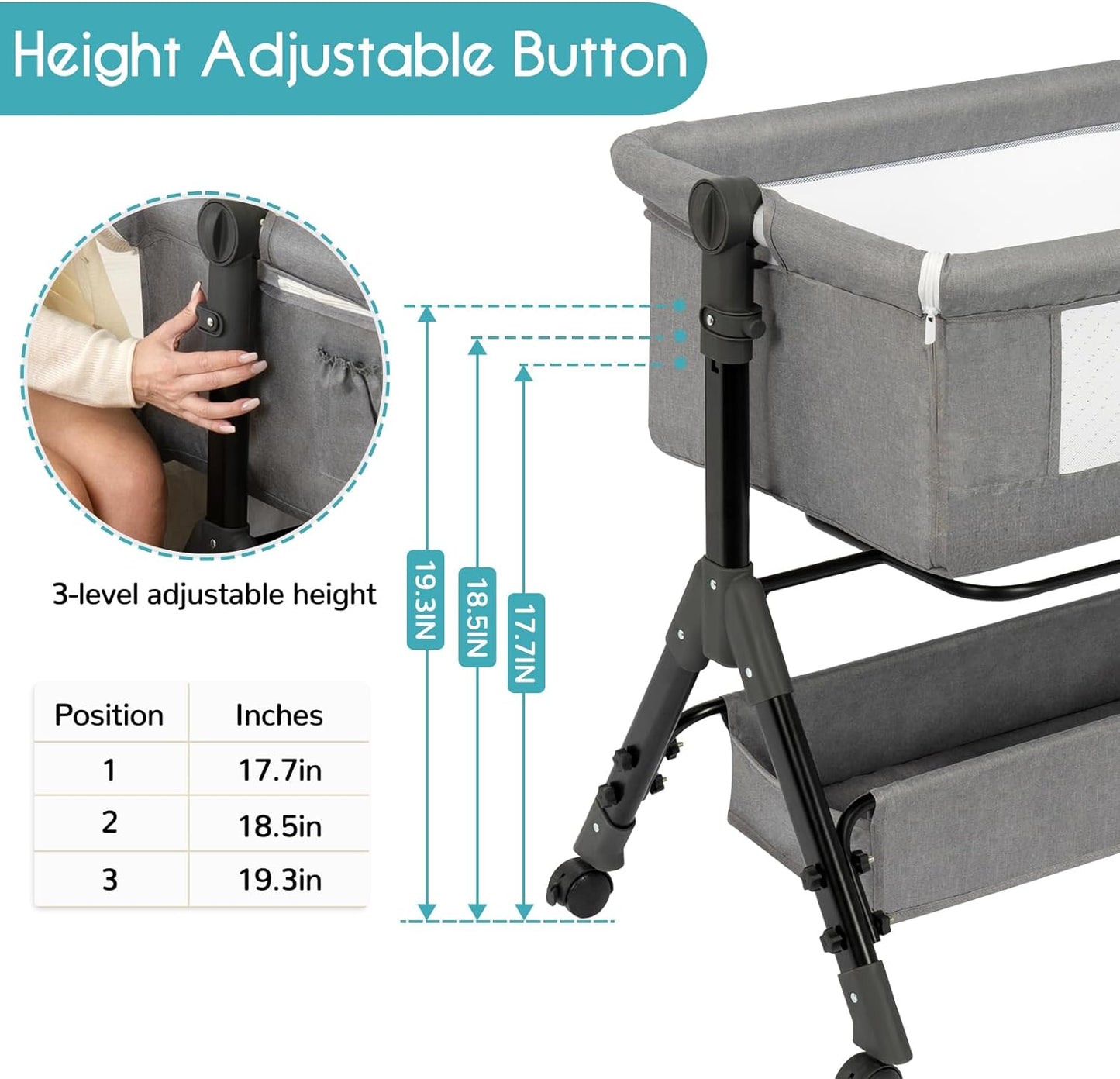 Foalom 3 in 1 Baby Bassinet, Bedside Sleeper with Storage Basket and Wheels, Bedside Crib for Baby, Adjustable and Movable Baby Cradle with Mosquito Nets, Easy Folding Baby Bed (Grey)