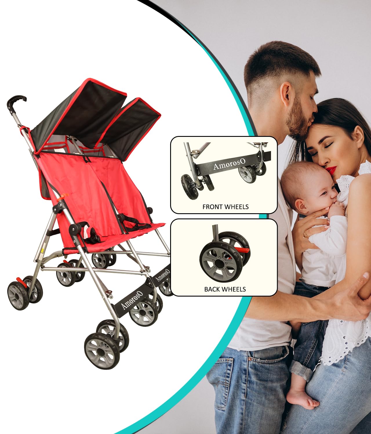 AmorosO Twin Lightweight Umbrella Stroller - Easy to Clean Stroller - Baby Stroller with Four Wheels - Travel-Ready Stroller - with Extra Storage - Sunlight and Light Rain Protection - Black