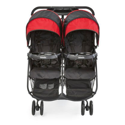 Kolcraft Cloud Plus Side-by-Side Lightweight Double Baby Stroller and Toddler Stroller with Reclining Seats, Child and Parent Trays, Large Storage, Extendable Canopies, Compact Fold - Red/Black