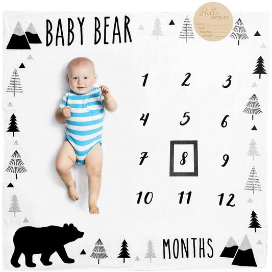 Organic Baby Monthly Milestone Blanket Boy - Baby Bear Months Blanket with Month Marker Frame and Newborn Announcement Disc - Growth Age Blanket for 1-12 Months Milestones, Woodland, 47”x47”