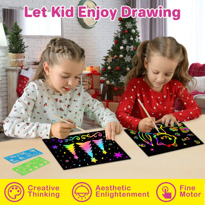 QXNEW Scratch Rainbow Art for Kids: Magic Scratch Off Paper Children Art Crafts Set Kit Supplies Toys Black Scratch Sheets Notes Cards for Boys Girls Birthday Party Favors Game Christmas Easter Gift