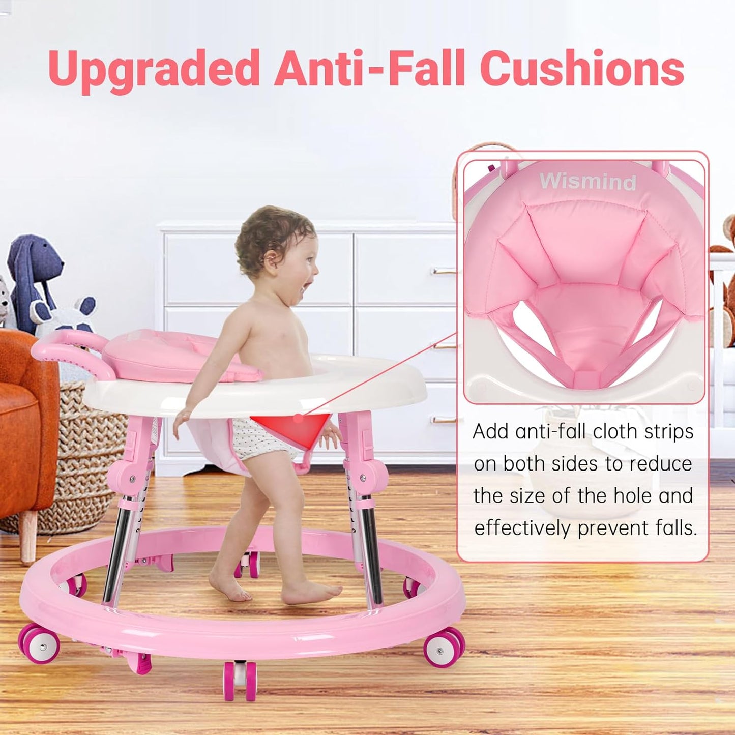 Wismind Baby Walker Foldable with 9 Adjustable Heights, Baby Walkers and Activity Center for Boys Girls Babies 6-12 Months, Baby Walker and Bouncer Combo with Wheels Portable Anti-Rollover