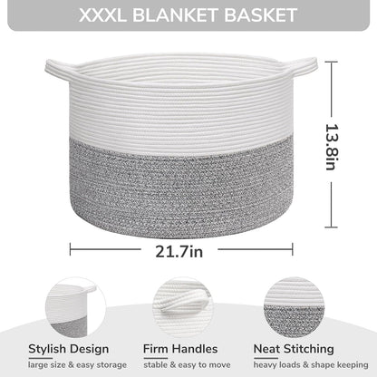 INDRESSME XXXLarge Cotton Rope Basket 21.7" x 21.7" x 13.8" Woven Baby Laundry Blanket Basket Toy Basket with Handle Storage Comforter Cushions Thread Laundry Hamper White & Brown