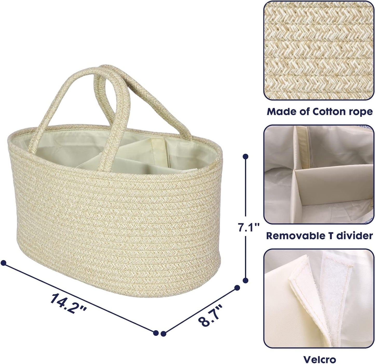 Baby Diaper Caddy Organizer for Girl Boy Cotton Rope Nursery Storage Bin Basket Portable Holder Tote Bag for Changing Table Car Travel Baby Shower Gifts Newborn Registry Must Have Items oatmeal