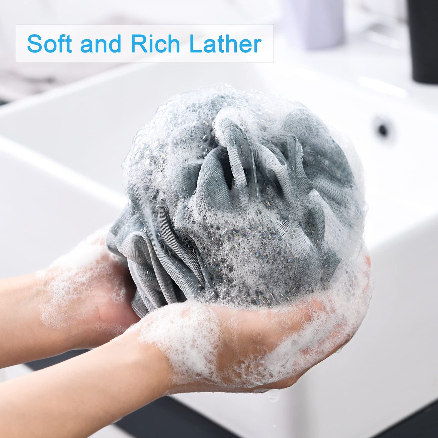 AmazerBath Loofah Sponge 75g/Piece, Exfoliating Bath Sponge Body Scrubber - Loofa Set of 4 Grey Blue-Pink-Grey-White (Large)