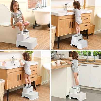 Two Step Stool for Kids, Double up Baby Child Toddler Stepping Stool for Potty Training,Bathroom Sink,Kitchen,Toilet Stool with Anti-Slip Strips for Safety, Stackable, Wide Step (1 Pack White)