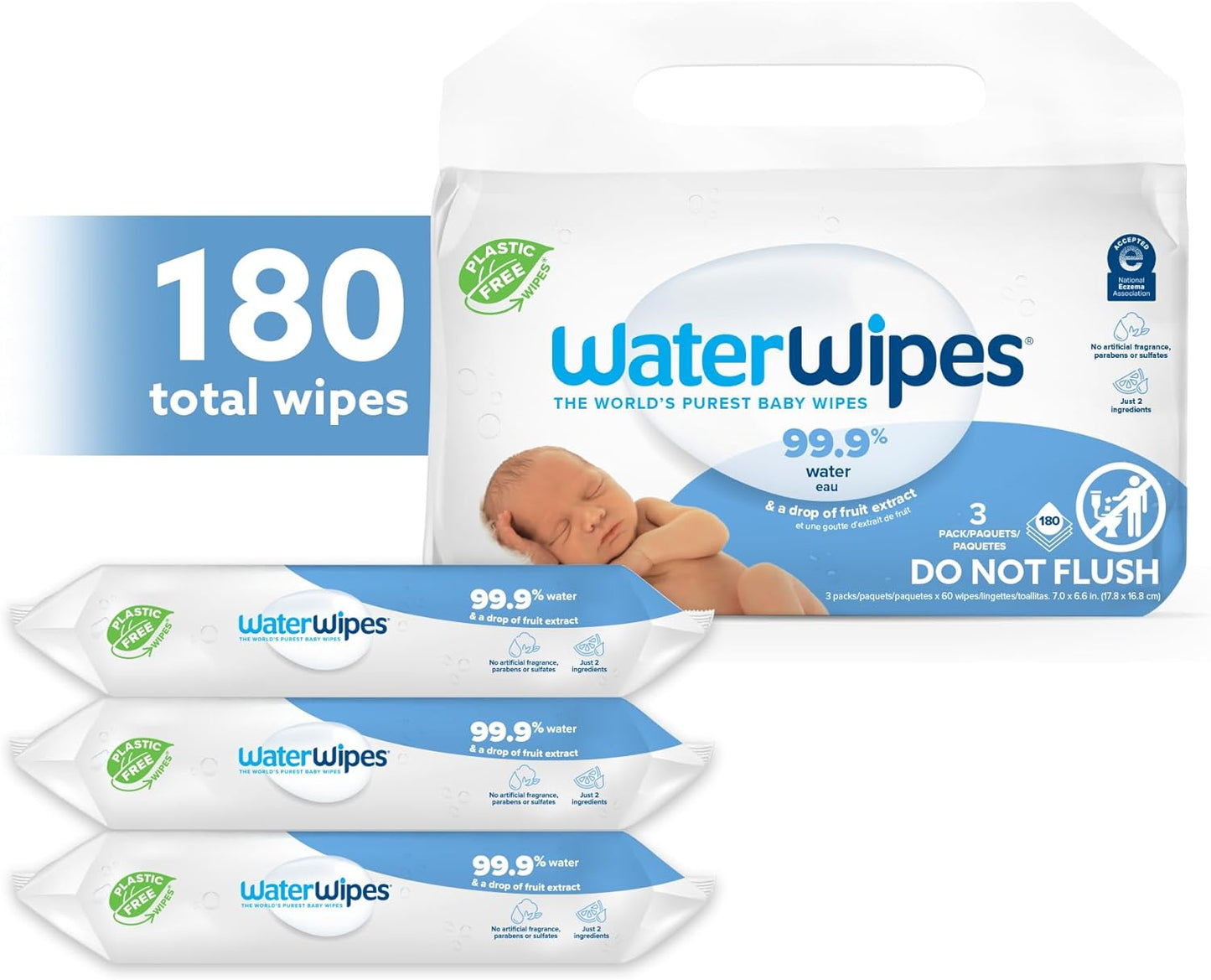 WaterWipes Plastic-Free Original Baby Wipes, 99.9% Water Based Wipes, Unscented & Hypoallergenic for Sensitive Skin, 60 Count (Pack of 12), Packaging May Vary