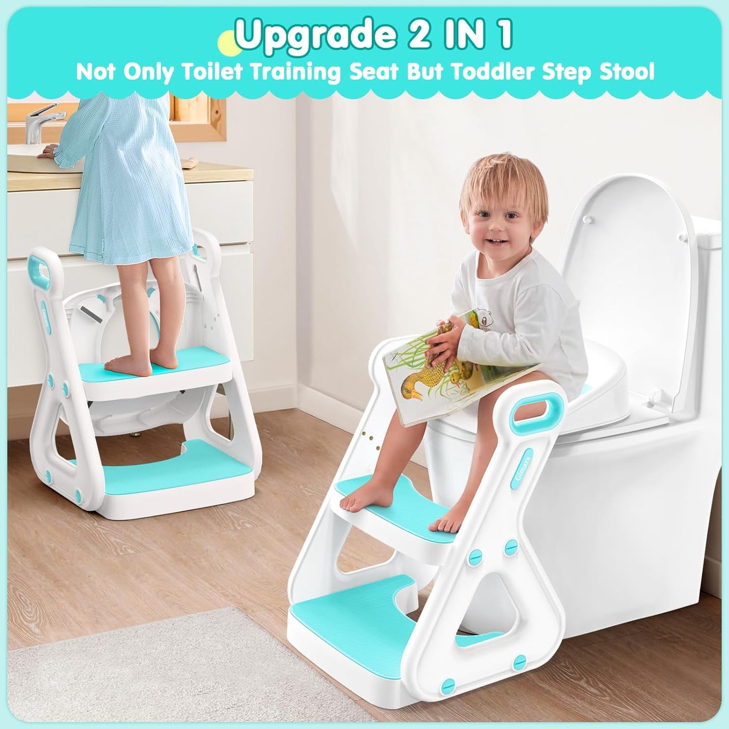 Gimars Upgrade Ultra-Stable 2 In 1 Multifunctional Toddler Potty Seat For Toilet with Setp Stool, Potty Traning Toilet For Boys Girls With Widened Ladder,Comfortable Safe Potty Seat With Handrail,Grey