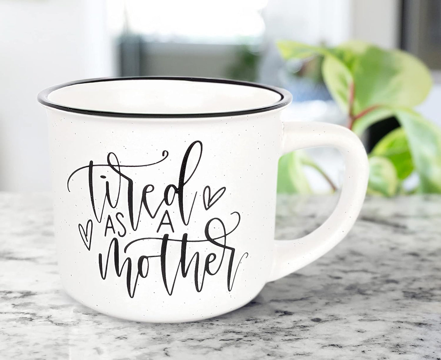 June & Lucy Mom Mug with Stylish Box- Tired as a Mother Novelty Mugs for Mom Cute Large Camping Coffee Mugs for Women - White Coffee Mug with Lettering - 15 oz Microwave and Dishwasher Safe