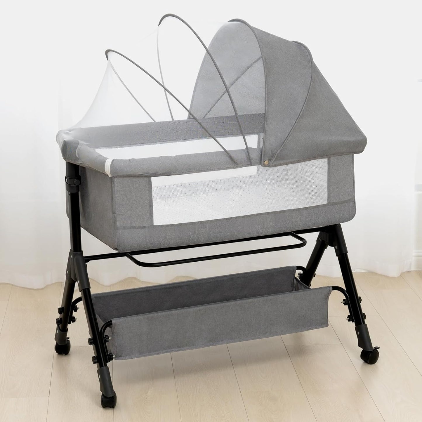 Foalom 3 in 1 Baby Bassinet, Bedside Sleeper with Storage Basket and Wheels, Bedside Crib for Baby, Adjustable and Movable Baby Cradle with Mosquito Nets, Easy Folding Baby Bed (Grey)