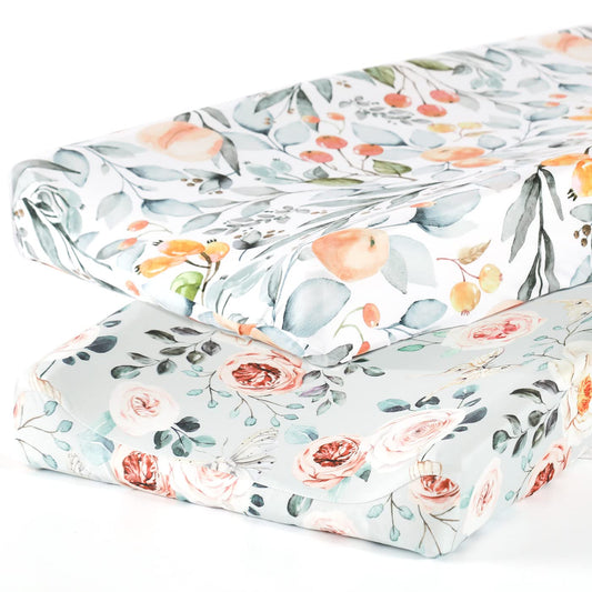 GRSSDER Stretch Ultra Soft Jersey Knit Changing Pad Cover Set 2 Pack, Change Table Pad Covers Fit 32"/34" x 16" Pads Safe and Snug, Stylish Watercolor Flowers and Fruits for Girls