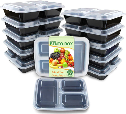 Enther Meal Prep Containers [12 Pack] 3 Compartment with Lids, Food Storage Bento Box | BPA Free | Stackable | Reusable Lunch Boxes, Microwave/Dishwasher/Freezer Safe,Portion Control (36 oz)