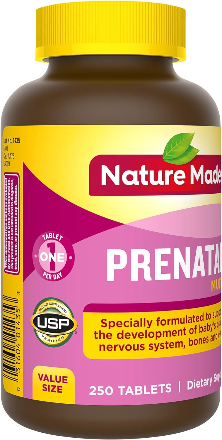 Nature Made Prenatal Multivitamin with Folic Acid, Prenatal Vitamin and Mineral Supplement for Daily Nutritional Support, 250 Tablets, 250 Day Supply