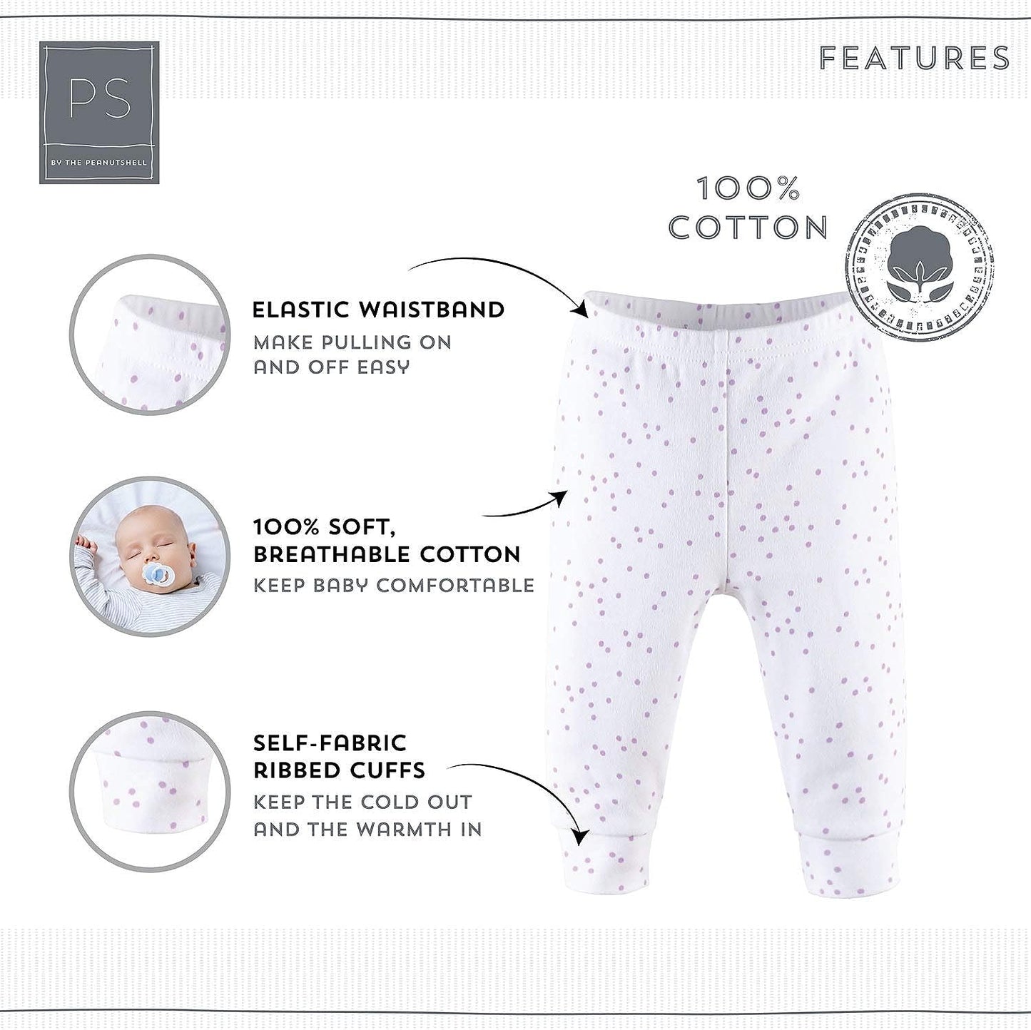 The Peanutshell Baby Girl Pants Set | 5 Pack in Newborn to 24 Month Sizes | Floral, Pink, White, Stars