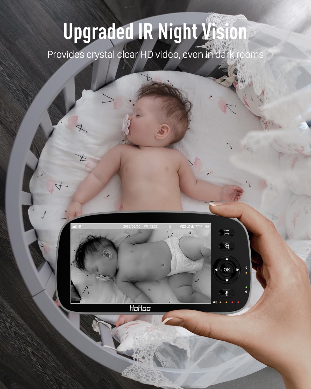 HOHOO Baby Monitor, 5" 720P HD Split Screen, 30 Hours Battery Life Baby Monitor with Camera and Audio|Remote PTZ, Two-Way Audio, Zoom, Night Vision, Lullabies, 960ft Long Range