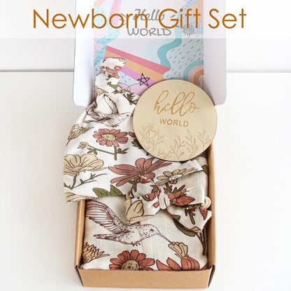 LifeTree Newborn Swaddle Set with Matching Hat and Headband Bow, Wooden Birth Announcement Card, Muslin Baby Swaddle Blankets for Boys & Girls, Eucalyptus Pattern