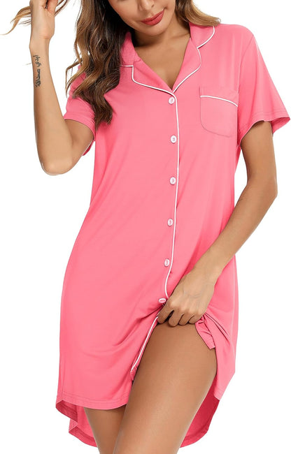 Leikar Nightgowns For Women Button Down Pajamas Dress Short Sleeve Sleepwear S-XXL