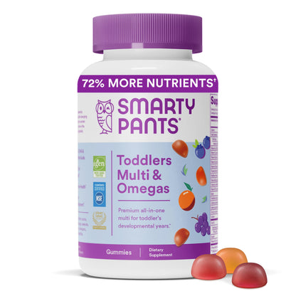 SmartyPants Organic Toddler Multivitamin Gummies: Probiotics, Omega 3 (ALA), Vitamin D3, C, Vitamin B12, B6, Vitamin A, K & Zinc, Gluten Free, Three Fruit Flavors, 60 Count (30 Day Supply)