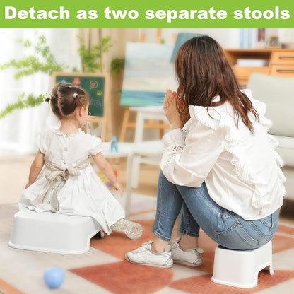 Two Step Stool for Kids, Double up Baby Child Toddler Stepping Stool for Potty Training,Bathroom Sink,Kitchen,Toilet Stool with Anti-Slip Strips for Safety, Stackable, Wide Step (1 Pack White)