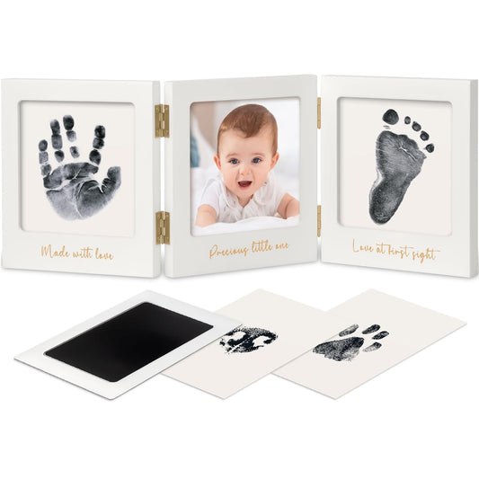 Baby Handprint and Footprint Kit for Newborn Boys & Girls - Inkless Hand and Footprint Maker, Baby Picture Keepsake Frame, New Mom Baby Shower Gifts,Dog Paw Print Kit,Baby Registry (White/Gold)