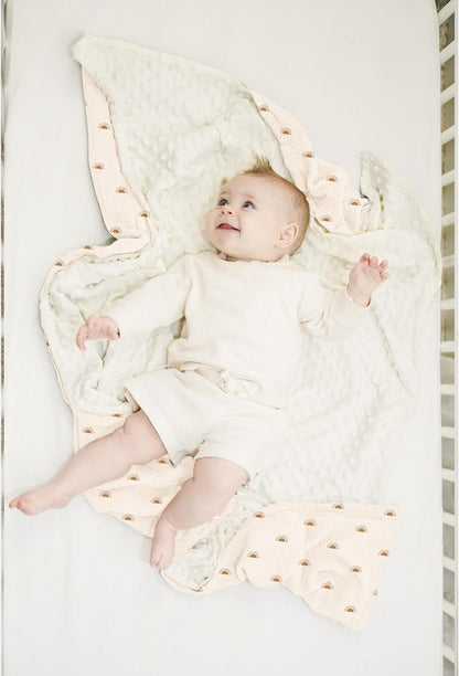Konssy Baby Blankets for Unisex Boys Girls, Super Soft Nursery Minky Blankets with Muslin Cotton Front and Dotted Fleece Backing, Printed Bed Throws Newborn