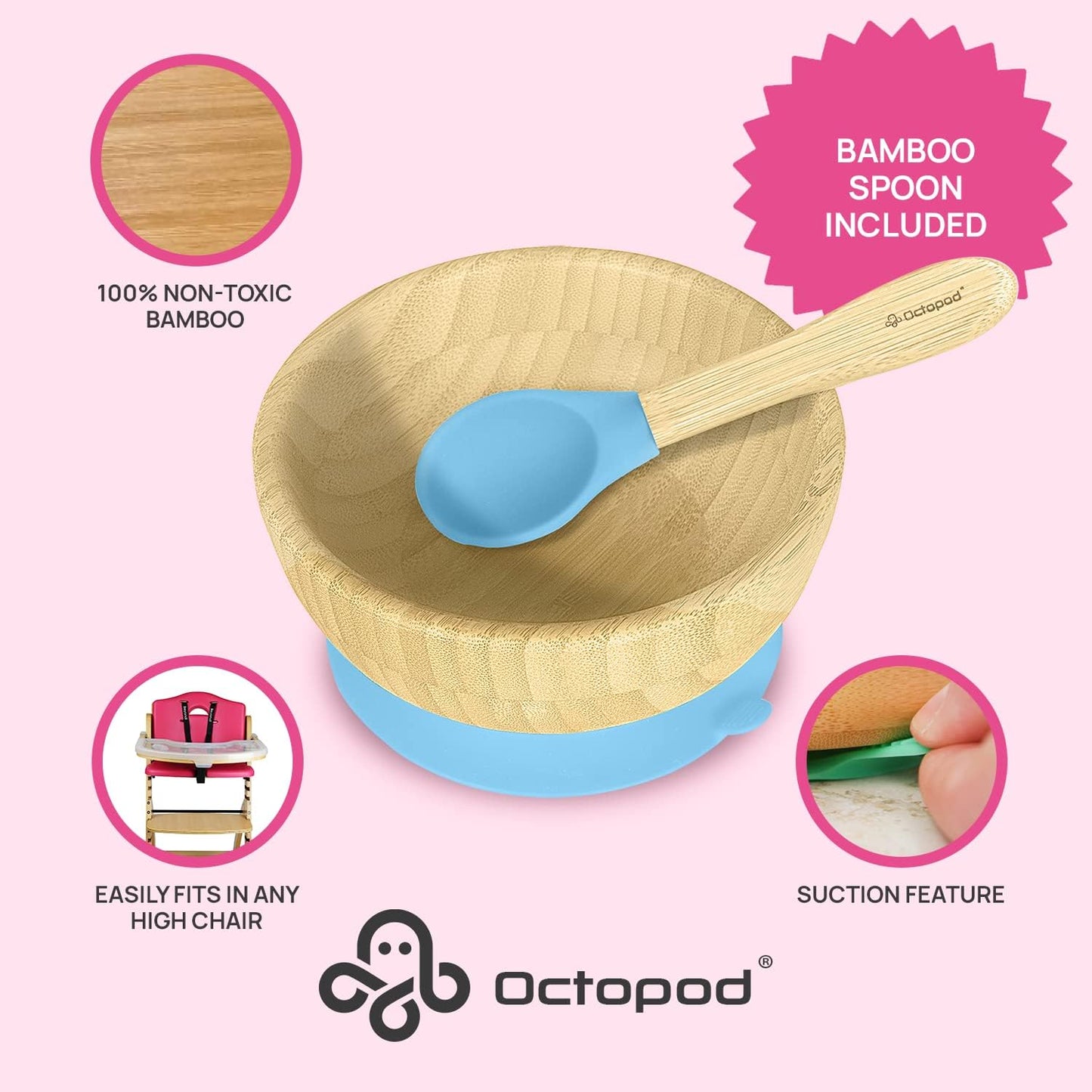 Abiie Octopod Bamboo Dish - Fun Kids Bowls for 4 months and up, Bamboo Suction Bowl, High-Chair Bamboo Baby Bowls, Mess-Free Toddler Suction Bowls, Ergonomic Baby Feeding Supplies, 5.7 x 3 x 5.7 in