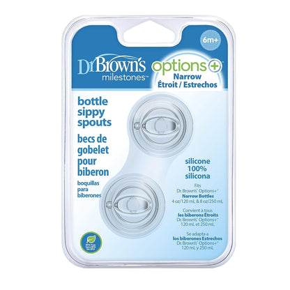 Dr. Brown's Milestones Options+ Sippy Spouts, Narrow, Soft 100% Silicone Baby Bottle Sippy Spout, 6m+, 2 Count (Pack of 1)