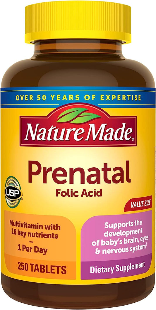 Nature Made Prenatal Multivitamin with Folic Acid, Prenatal Vitamin and Mineral Supplement for Daily Nutritional Support, 250 Tablets, 250 Day Supply
