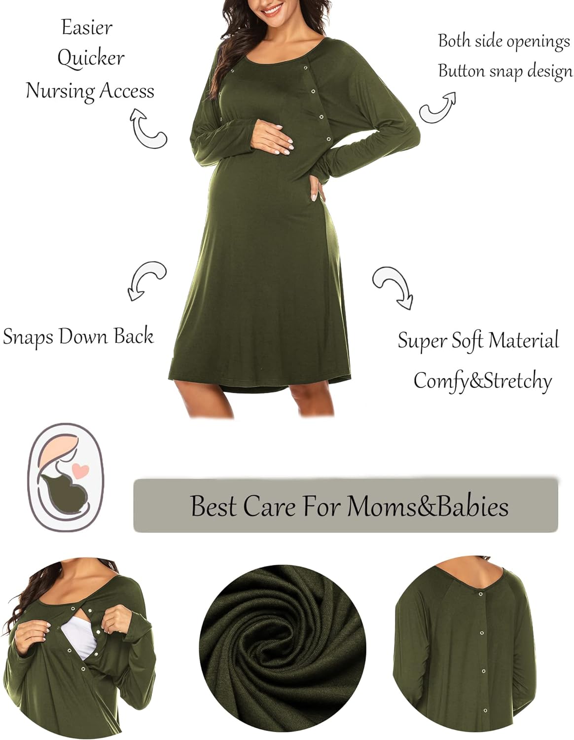 Ekouaer Women’s Nursing/Delivery/Labor Nightgown Long Sleeve Maternity Sleepshirt for Breastfeeding with Button