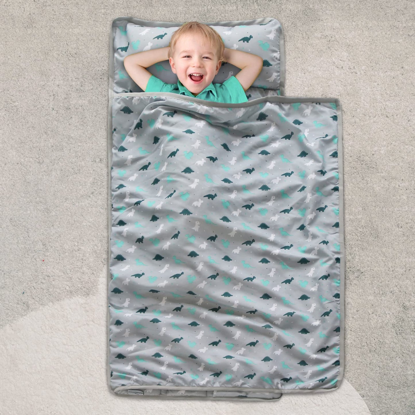Toddler Nap Mat with Pillow and Blanket 50" x 21" x 1.5", Nap Mat for Boys Girls Super Soft and Cozy, Kids Sleeping Bag for Preschool, Daycare, Toddler Sleeping Bag, Grey Dinosaur