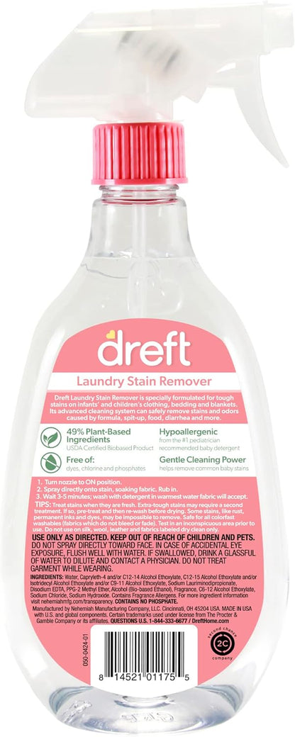 Stain Remover for Baby Clothes by Dreft, 24oz Pack of 2 Laundry Stain Remover Spray + To Go Instant Stain Remover Pen, Hypoallergenic, Great for Cloth Diapers