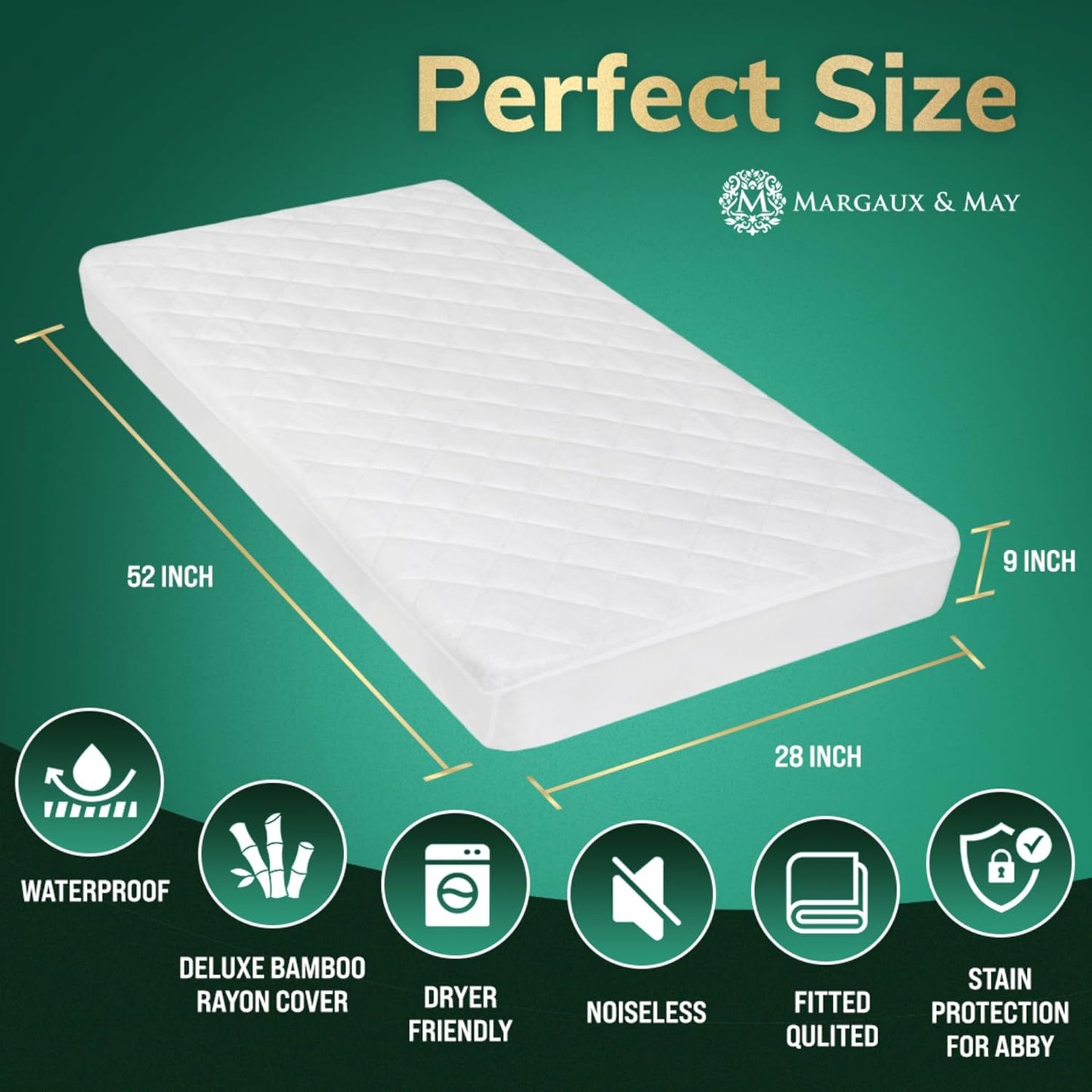 MARGAUX & MAY Crib Mattress Protector Pad - Ultra-Soft Waterproof Breathable Premium Bamboo Rayon - Noiseless Fitted Dryer Safe Cover. High Absorbency Oeko-TEX Certified (28 x 52 x 9 inches)