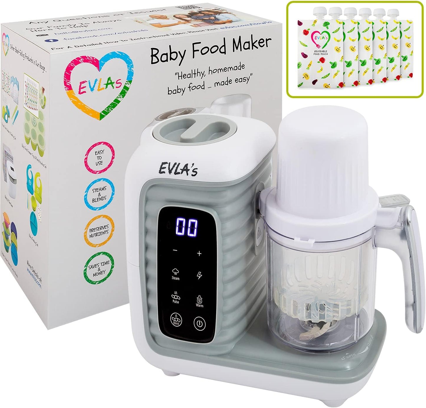 EVLA'S Baby Food Maker, Healthy Homemade Baby Food in Minutes, Steamer, Blender, Baby Food Processor, Touch Screen Control, includes 6 Reusable Food Pouches for Storage or Travel, White